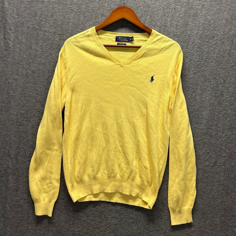 Polo Ralph Lauren Mens Yellow Pima Cotton V-Neck Sweater Size M Embroidered Pony - Picture 2 of 9